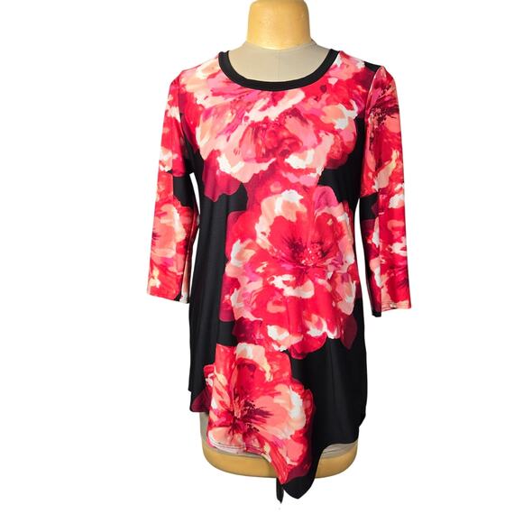 Sunny Leigh Womens Large Tunic Top Floral Asymmetric Hem Artsy Stretch Knit Chic - Picture 1 of 9